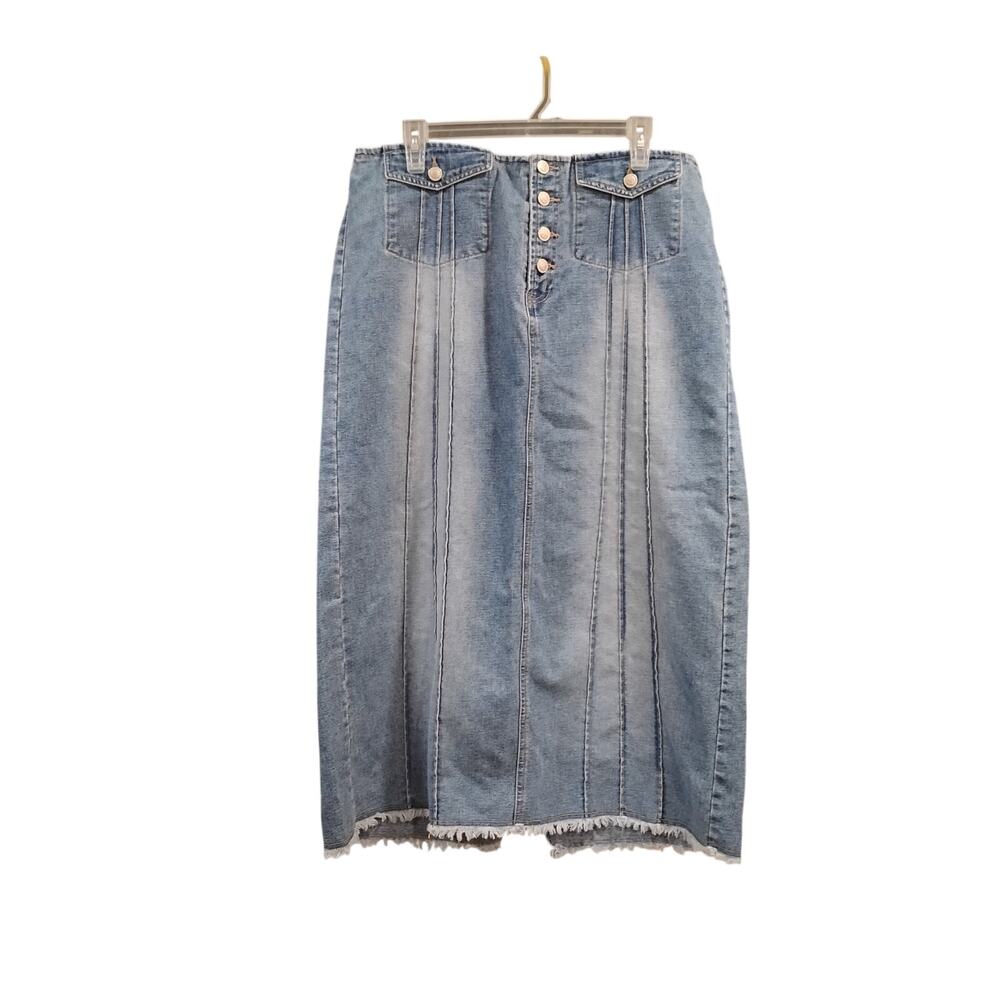 VTG Faded Glory 16W Maxi Jean Skirt Pleated Button Up Pockets Frayed Med Wash